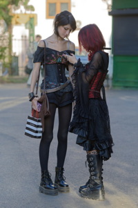 Lesbians chatting outdoors